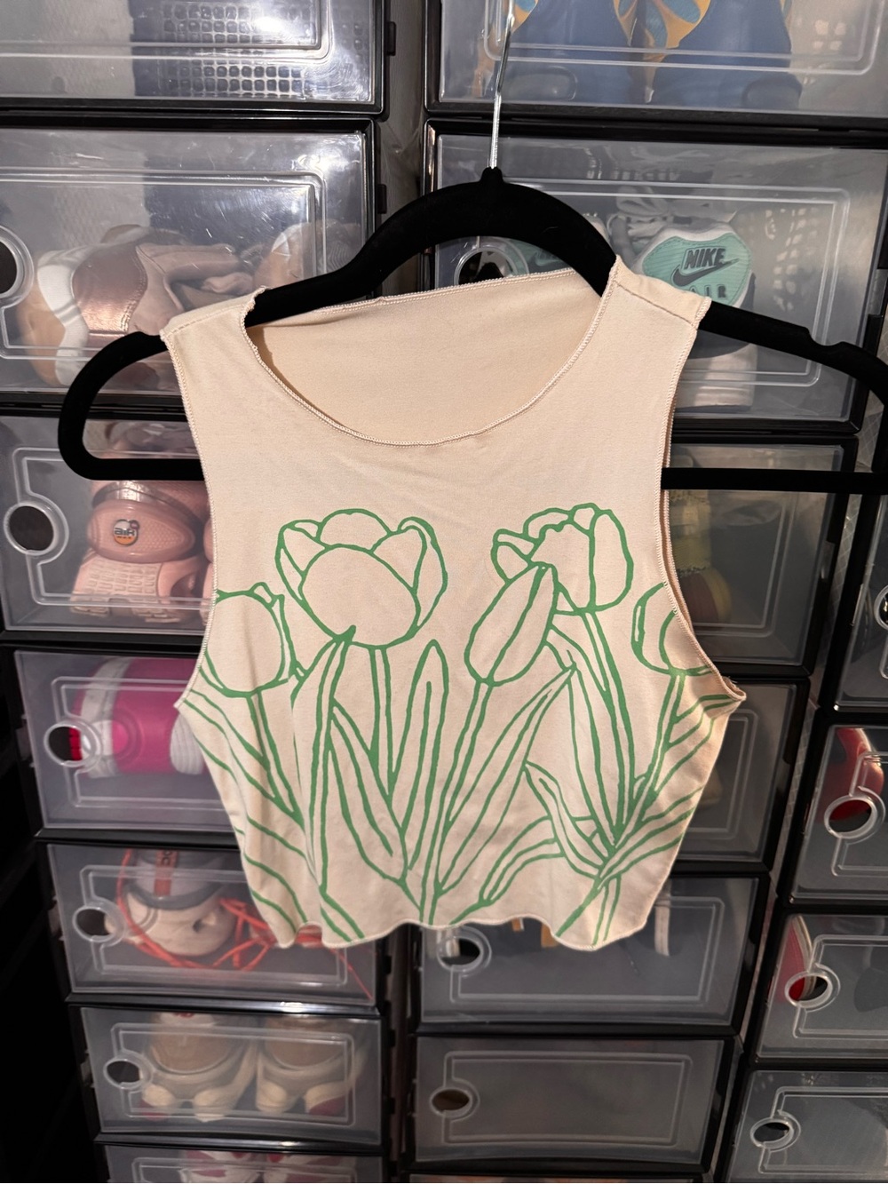 SHEIN Cream Crop Tank with Green Tulip Graphic